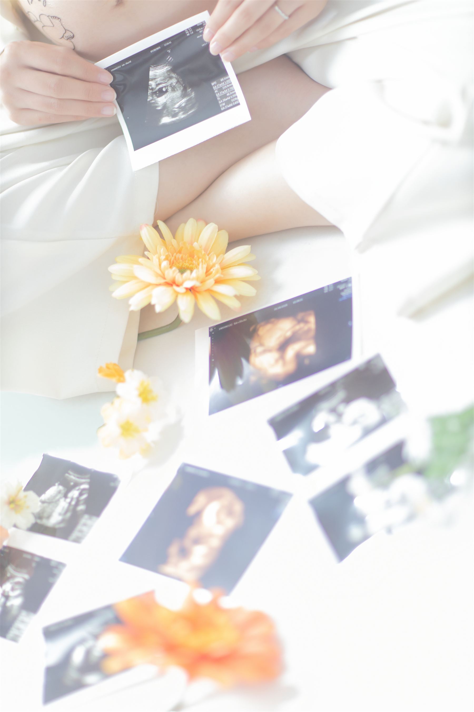 エコー写真と花を添えたフラットレイ